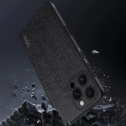 For iPhone 16 Pro Max Case Wood Texture PU Leather Coated PC+TPU Phone Cover