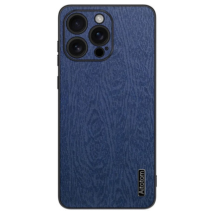 For iPhone 16 Pro Max Case Wood Texture PU Leather Coated PC+TPU Phone Cover - Blue