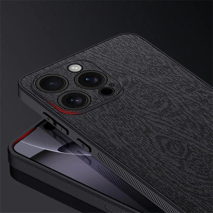 For iPhone 16 Pro Max Case Wood Texture PU Leather Coated PC+TPU Phone Cover