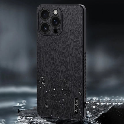 For iPhone 16 Pro Max Case Wood Texture PU Leather Coated PC+TPU Phone Cover