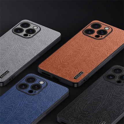 For iPhone 16 Pro Max Case Wood Texture PU Leather Coated PC+TPU Phone Cover