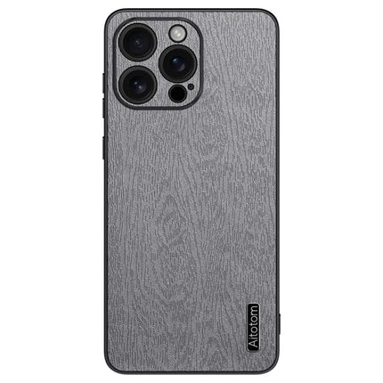 For iPhone 16 Pro Max Case Wood Texture PU Leather Coated PC+TPU Phone Cover - Grey
