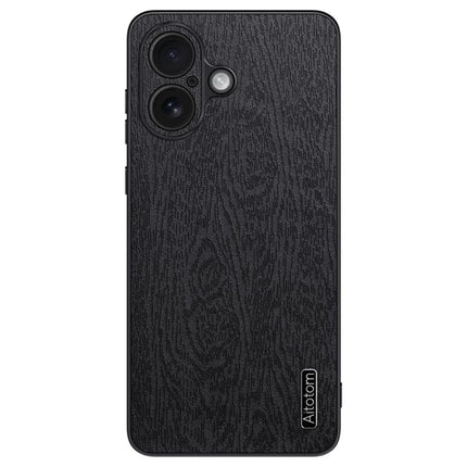 For iPhone 16 Plus Case Wood Texture PU Leather Coated PC+TPU Phone Cover - Black