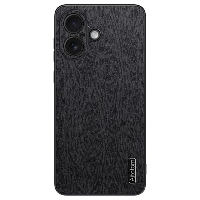 For iPhone 16 Plus Case Wood Texture PU Leather Coated PC+TPU Phone Cover - Black