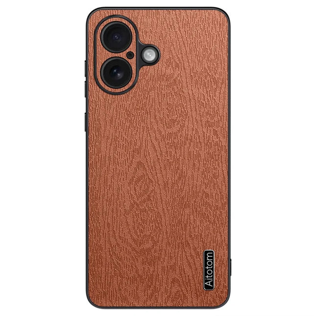 For iPhone 16 Plus Case Wood Texture PU Leather Coated PC+TPU Phone Cover - Brown