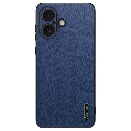 For iPhone 16 Plus Case Wood Texture PU Leather Coated PC+TPU Phone Cover - Blue