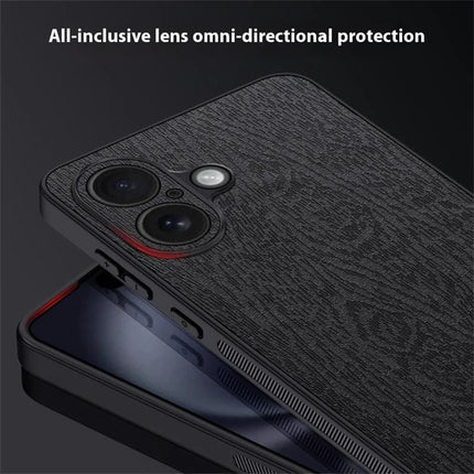 For iPhone 16 Plus Case Wood Texture PU Leather Coated PC+TPU Phone Cover