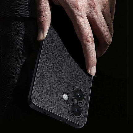 For iPhone 16 Plus Case Wood Texture PU Leather Coated PC+TPU Phone Cover