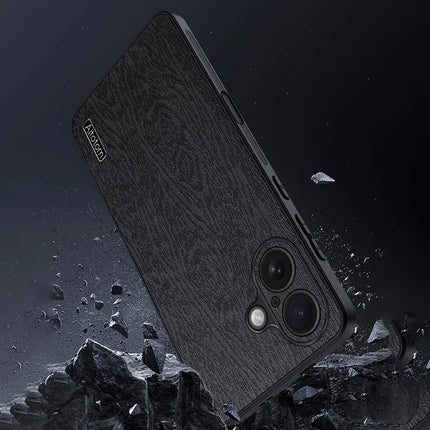 For iPhone 16 Plus Case Wood Texture PU Leather Coated PC+TPU Phone Cover