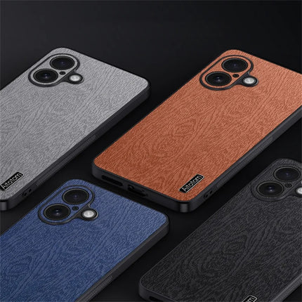 For iPhone 16 Plus Case Wood Texture PU Leather Coated PC+TPU Phone Cover