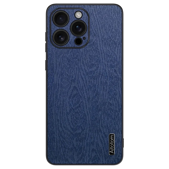 For iPhone 16 Pro Case Wood Texture PU Leather Coated PC+TPU Phone Cover - Blue