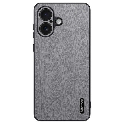 For iPhone 16 Case Wood Texture PU Leather Coated PC+TPU Phone Cover - Grey