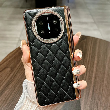 For Huawei Mate X5 Case Leather+PC Rhombus Phone Cover with Tempered Glass Screen Film - Black