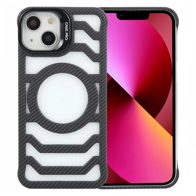 For iPhone 13 / 14 Case Compatible with MagSafe Frameless Kickstand PC Phone Cover Carbon Fiber Texture - Black