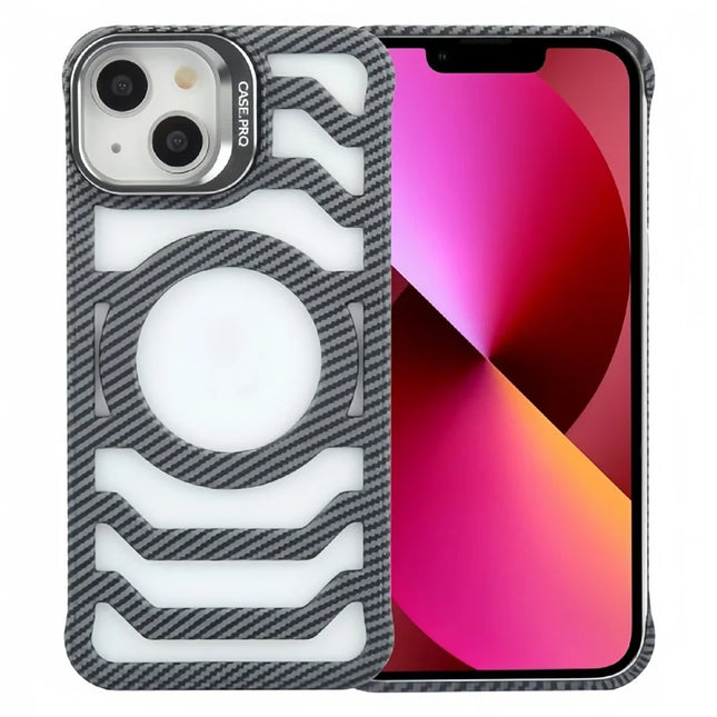 For iPhone 13 / 14 Case Compatible with MagSafe Frameless Kickstand PC Phone Cover Carbon Fiber Texture - Grey