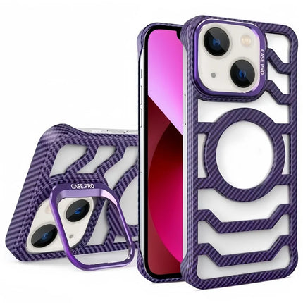 For iPhone 13 / 14 Case Compatible with MagSafe Frameless Kickstand PC Phone Cover Carbon Fiber Texture - Purple
