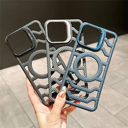 For iPhone 13 / 14 Case Compatible with MagSafe Frameless Kickstand PC Phone Cover Carbon Fiber Texture