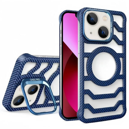 For iPhone 13 / 14 Case Compatible with MagSafe Frameless Kickstand PC Phone Cover Carbon Fiber Texture - Blue