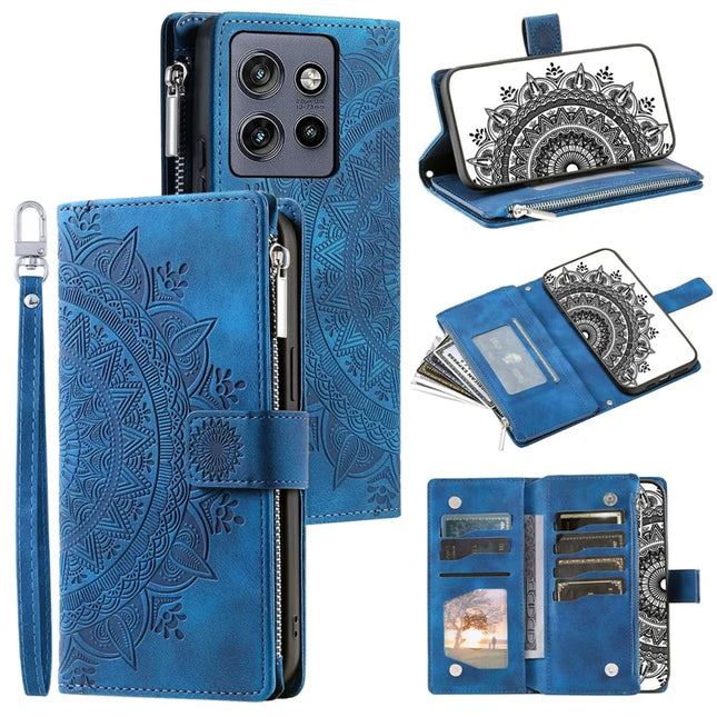 Style 006 For Motorola Edge 50 Neo 5G / Moto S50 5G / Thinkphone 25 5G Wallet Case PU Leather Phone Cover Mandala Flower Pattern - Blue