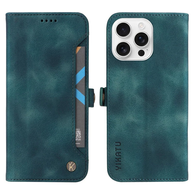 YIKATU YK-002 For iPhone 16 Pro Max Case Wallet PU Leather Phone Cover with Outer Card Slot - Blue