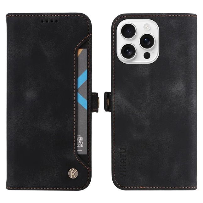 YIKATU YK-002 For iPhone 16 Pro Max Case Wallet PU Leather Phone Cover with Outer Card Slot - Black