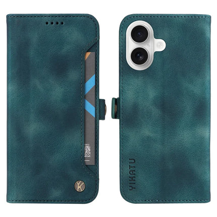 YIKATU YK-002 For iPhone 16 Plus Case Wallet PU Leather Phone Cover with Outer Card Slot - Blue