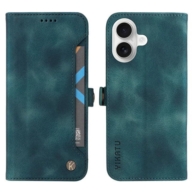 YIKATU YK-002 For iPhone 16 Plus Case Wallet PU Leather Phone Cover with Outer Card Slot - Blue