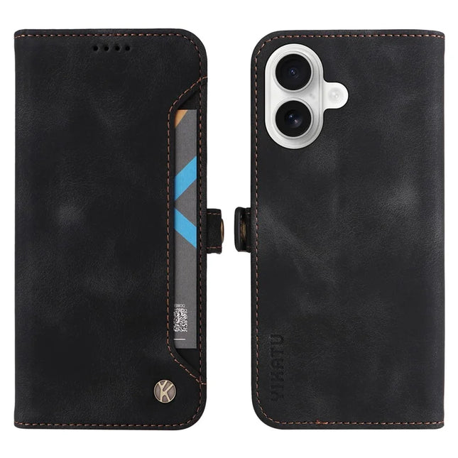 YIKATU YK-002 For iPhone 16 Plus Case Wallet PU Leather Phone Cover with Outer Card Slot - Black