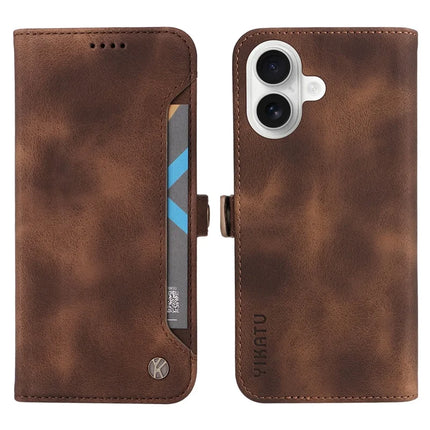 YIKATU YK-002 For iPhone 16 Plus Case Wallet PU Leather Phone Cover with Outer Card Slot - Brown