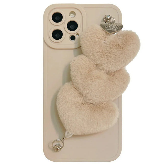For iPhone 16 Pro Max Case Fluffy Heart Wristband TPU Phone Cover