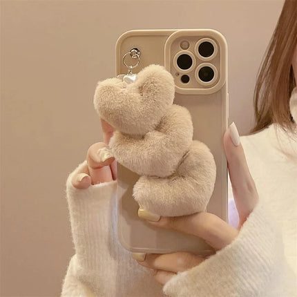 For iPhone 16 Pro Max Case Fluffy Heart Wristband TPU Phone Cover