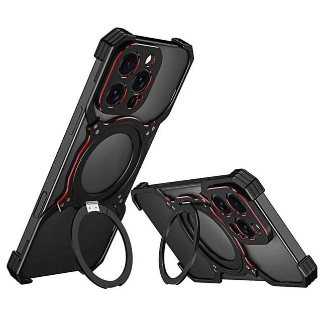 For iPhone 16 Pro Max Kickstand Case Metal Bumper Magnetic Phone Cover - Black / Red