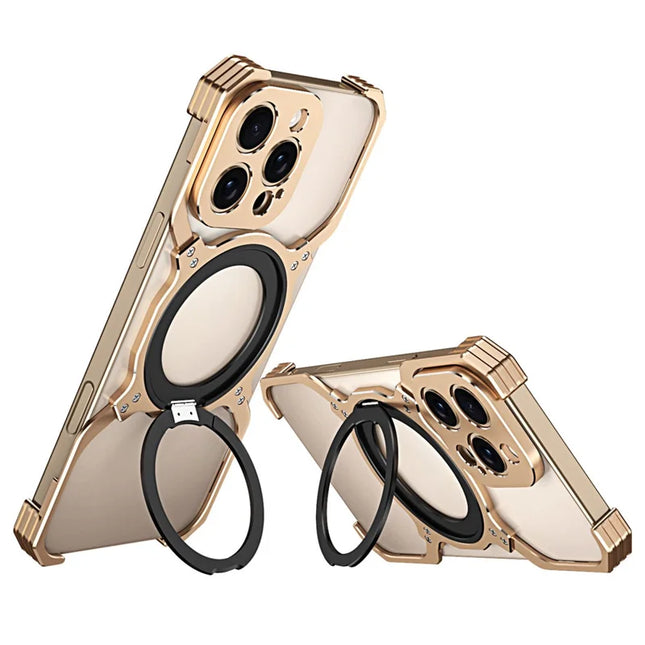 For iPhone 16 Pro Max Kickstand Case Metal Bumper Magnetic Phone Cover - Gold / Silver