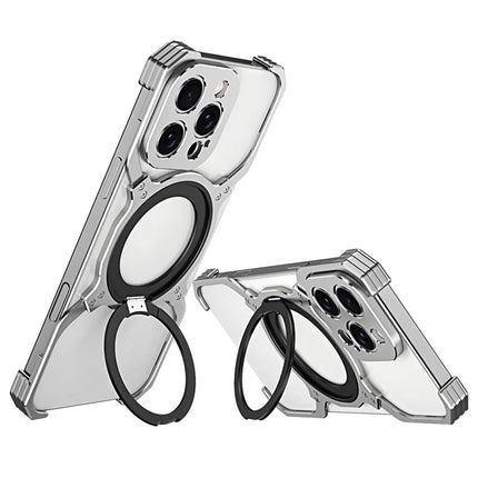 For iPhone 16 Pro Max Kickstand Case Metal Bumper Magnetic Phone Cover - Silver / Silver