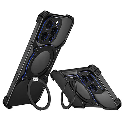 For iPhone 16 Pro Max Kickstand Case Metal Bumper Magnetic Phone Cover - Black / Blue