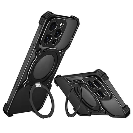For iPhone 16 Pro Max Kickstand Case Metal Bumper Magnetic Phone Cover - Black / Silver