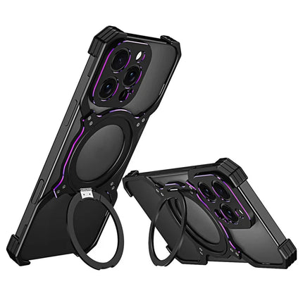 For iPhone 16 Pro Max Kickstand Case Metal Bumper Magnetic Phone Cover - Black / Purple