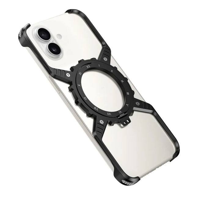 For iPhone 16 Case Magnetic Kickstand Aluminum Alloy+PC Bumper Phone Cover Heat Dissipation - Black