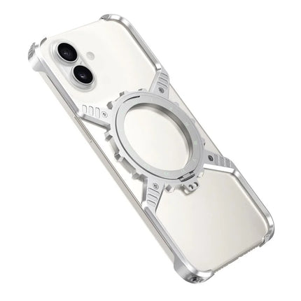 For iPhone 16 Case Magnetic Kickstand Aluminum Alloy+PC Bumper Phone Cover Heat Dissipation - Silver