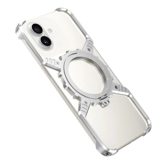For iPhone 16 Case Magnetic Kickstand Aluminum Alloy+PC Bumper Phone Cover Heat Dissipation - Silver