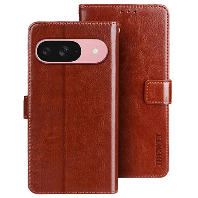 IDEWEI For Google Pixel 9 / 9 Pro Stand Case Crazy Horse Texture Leather Phone Cover - Brown