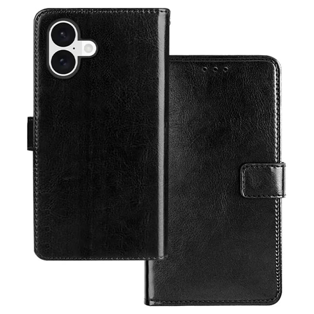 IDEWEI for iPhone 16 Plus Case Card Slots Holder Leather Phone Cover Crazy Horse Texture - Black