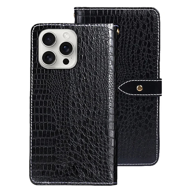 IDEWEI For iPhone 16 Pro Max Case Crocodile Texture PU Leather Flip Phone Cover - Black