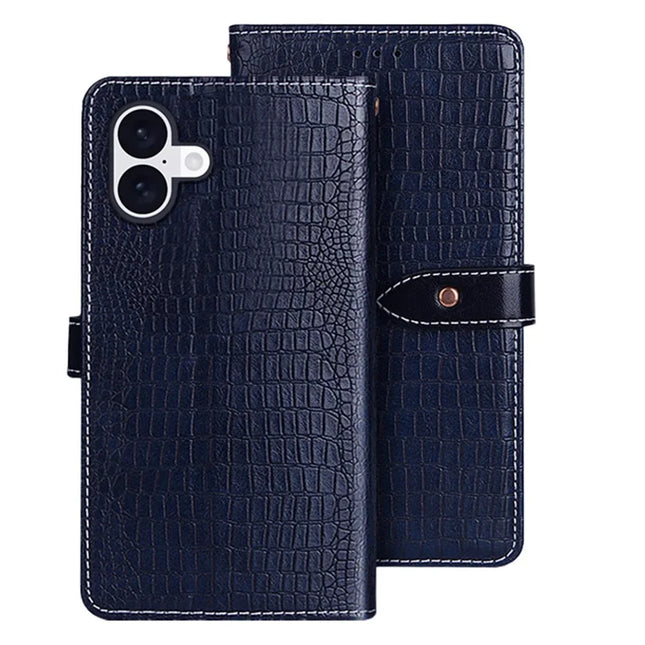 IDEWEI For iPhone 16 Plus Case Crocodile Texture PU Leather Flip Phone Cover - Blue