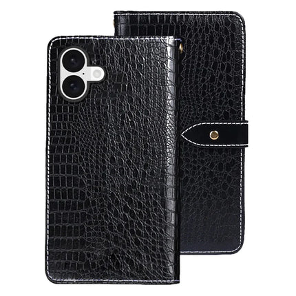 IDEWEI For iPhone 16 Plus Case Crocodile Texture PU Leather Flip Phone Cover - Black