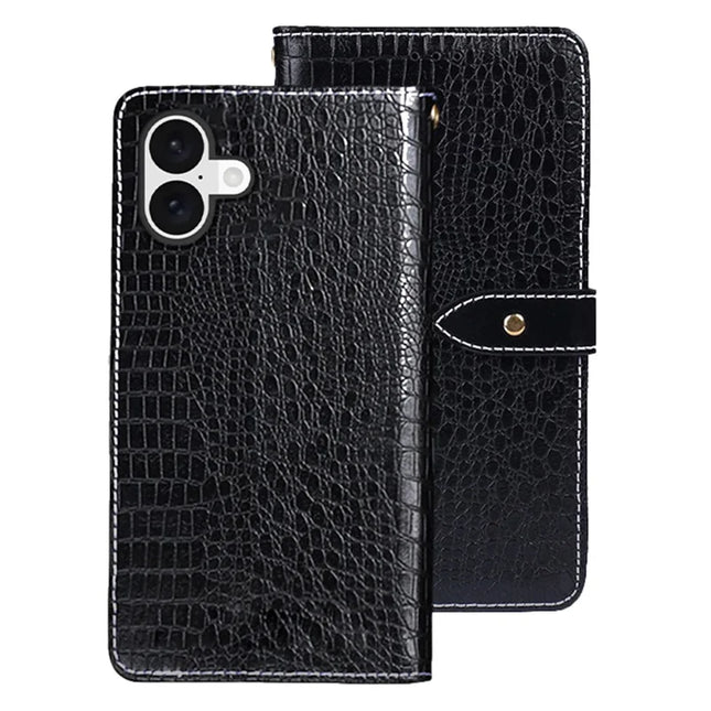 IDEWEI For iPhone 16 Plus Case Crocodile Texture PU Leather Flip Phone Cover - Black