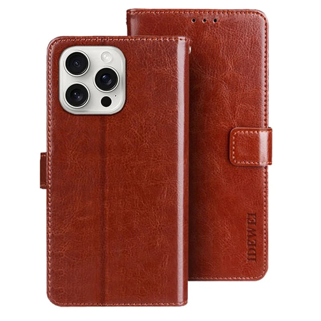 IDEWEI For iPhone 16 Pro Max Stand Case Crazy Horse Texture Leather Phone Cover - Brown