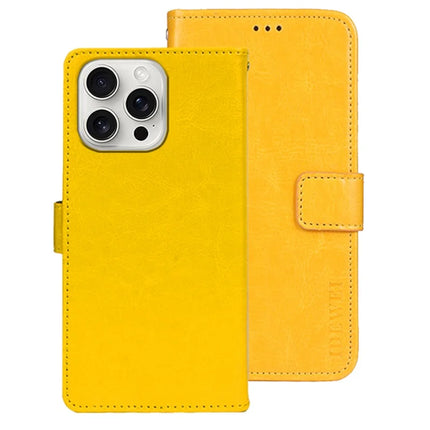 IDEWEI For iPhone 16 Pro Max Stand Case Crazy Horse Texture Leather Phone Cover - Yellow