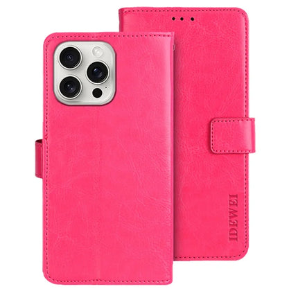 IDEWEI For iPhone 16 Pro Max Stand Case Crazy Horse Texture Leather Phone Cover - Rose