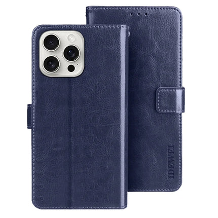 IDEWEI For iPhone 16 Pro Max Stand Case Crazy Horse Texture Leather Phone Cover - Dark Blue